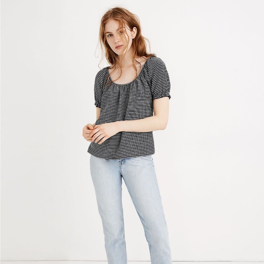 Madewell Texture & Thread Blue White Stripe Puff Shortsleeve Shirt Women XS